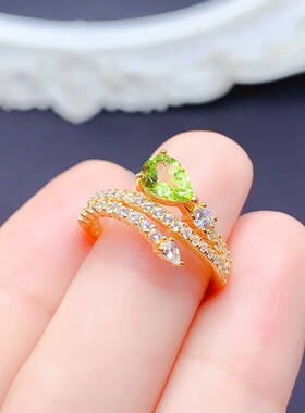 新款豪华天然橄榄石戒指925银镶嵌开口女日韩蛇戒新年礼物饰品