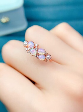 天然欧泊戒指925银镶嵌开口女日韩简约时尚饰品