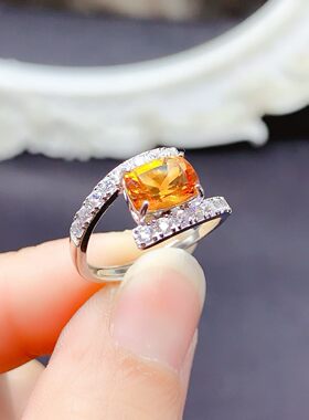 天然黄水晶戒指925银镶嵌女开口日韩简约百搭款指环