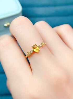 Gem Warehouse天然黄蓝宝戒指925银镶嵌开口女日韩简约时尚饰品