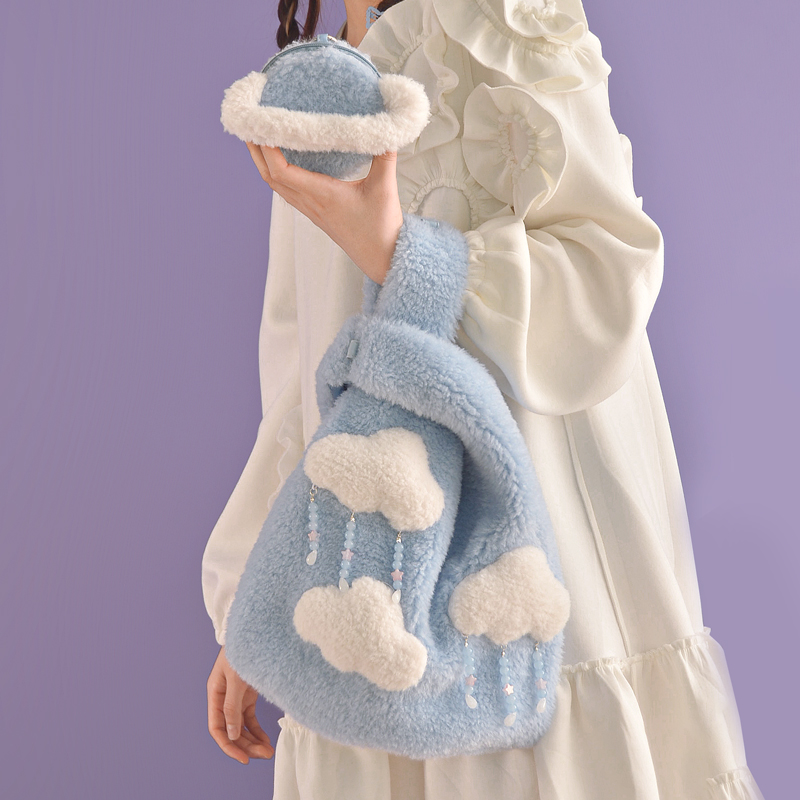 茶茶原创 蓝色云朵羊羔毛托特包 背心包女大容量手提可爱毛绒包包
