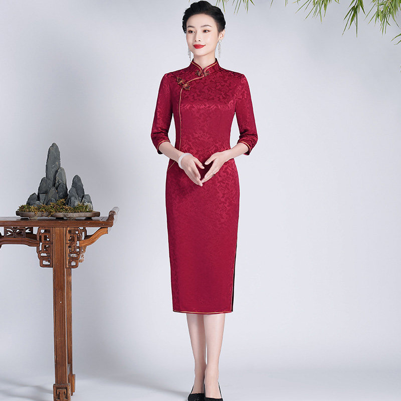 钱塘佳人红色高贵旗袍夏季喜婆婆喜妈妈礼服气质醋酸中长婚宴旗袍