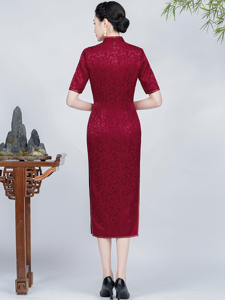 钱塘佳人红色高贵旗袍夏季喜婆婆喜妈妈礼服气质醋酸中长婚宴旗袍