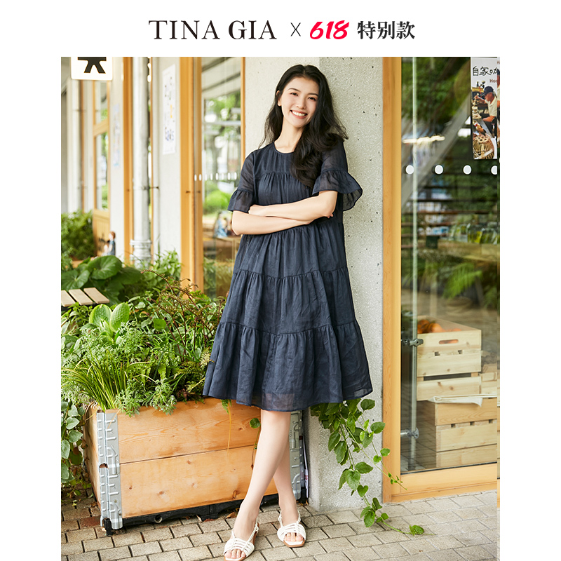 【618特别款】TINA GIA天纳吉儿2024新品苎麻蛋挞裙A型短袖连衣裙 - 图0