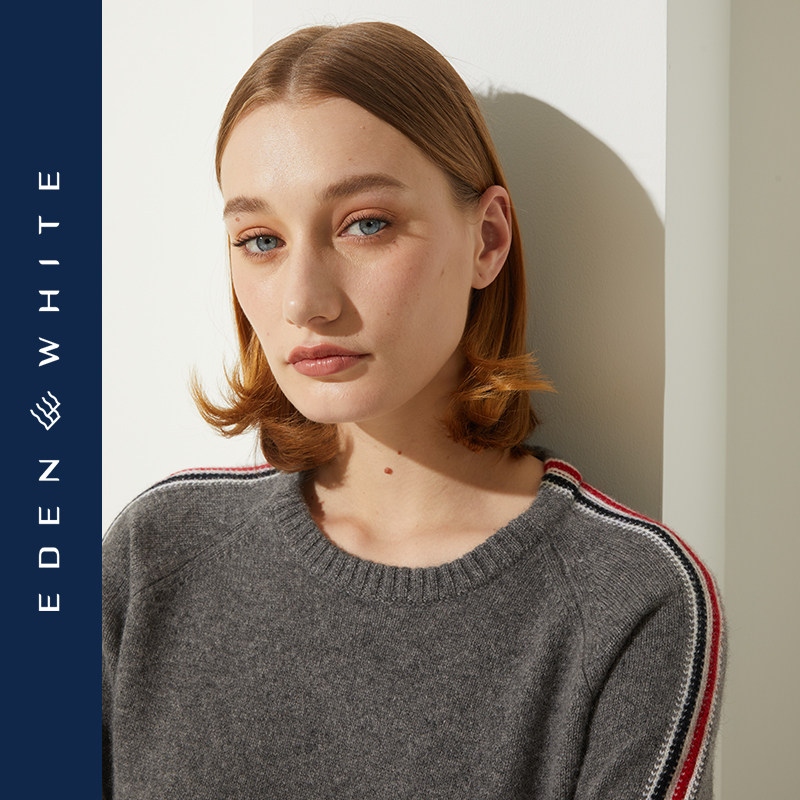 圣雪绒2021秋冬新款女圆领7针加厚羊绒衫撞色条纹提花长袖针织衫 - 图0