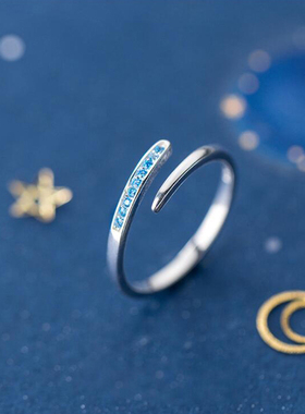 女s925银日韩版蓝色单排钻微镶嵌