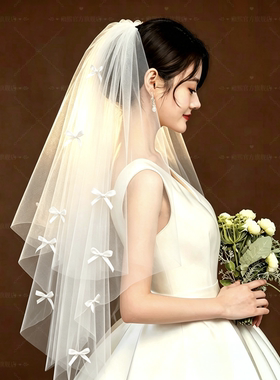 韩式新娘头纱头饰仙美小蝴蝶结珍珠求婚发饰主婚纱造型拍照配饰品
