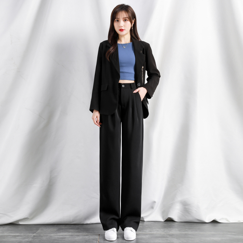 比丽福旗舰店阔腿裤女春秋高腰垂感显瘦百搭宽松直筒休闲小个子黑色西装拖地裤3