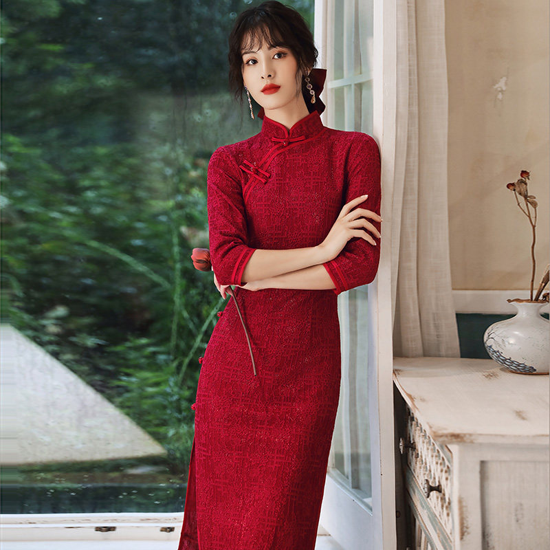 中式旗袍新娘酒红色平时可穿敬酒服 乐唯尚旗袍