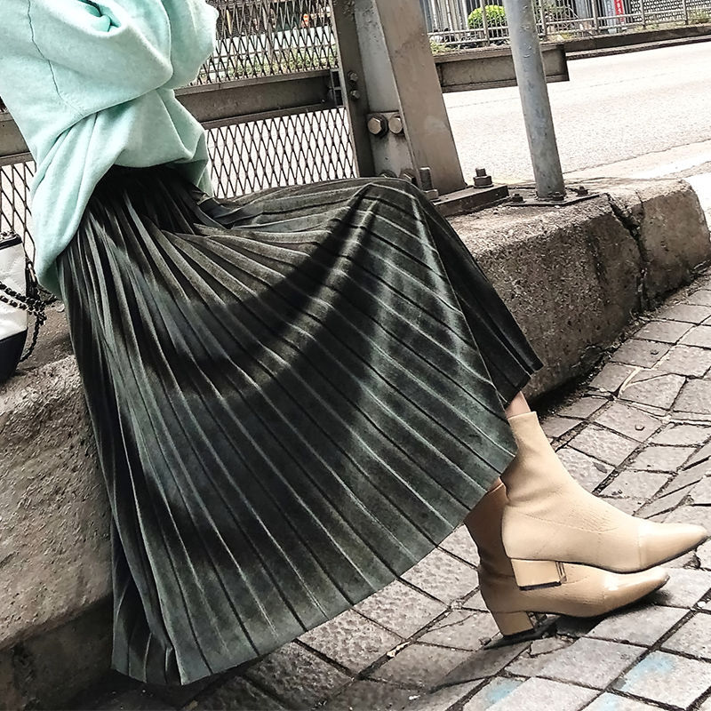 Gold Velvet Long Pleated Skirt Women's Fashion Fall Winter-图2