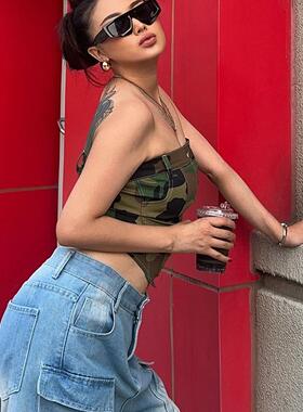 欧美性感辣妹风迷彩短背心