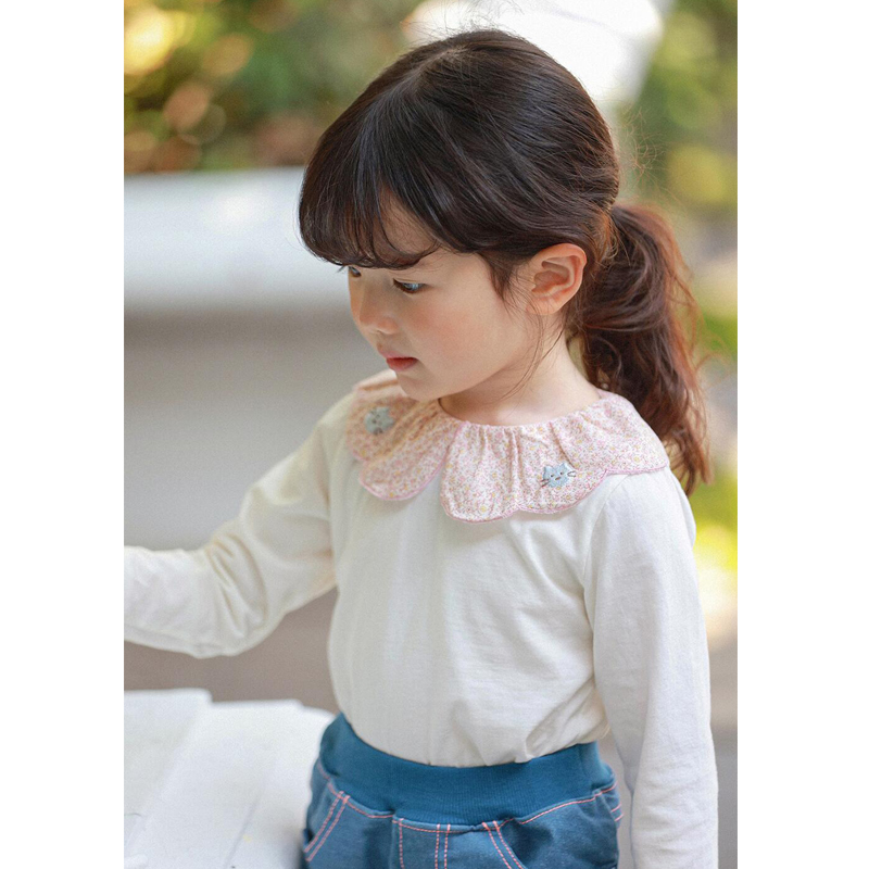 锦小和amber韩国童装女童长袖t恤2024春款纯棉儿童洋气花朵领上衣 - 图2