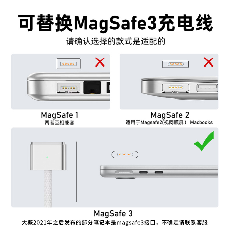 适用苹果笔记本macbook充电线pro充电器typec转magsafe3磁吸线140W快充96W1m2m3电脑air16寸14插头13寸13.6 - 图1