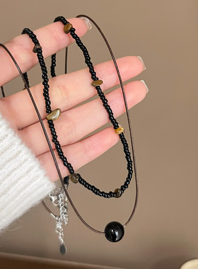 新中式黑色串珠叠戴项链女小众