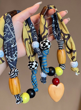 布艺印花木质串珠项链女高级感