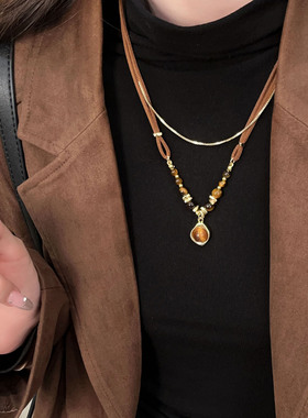 秋冬复古虎眼石款天然石串珠项链