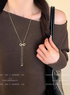 秋冬长款蝴蝶结流苏吊坠项链