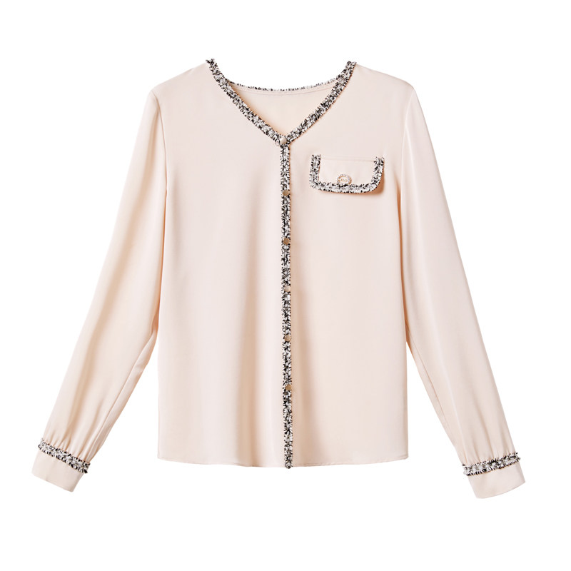 2020年秋装新款小香风醋酸缎面衬衣 艾悦炀蕾丝衫/雪纺衫