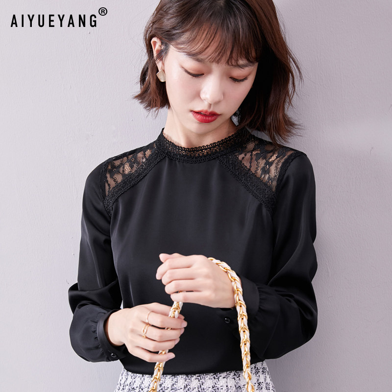 秋装2020年新款醋酸缎面长袖雪纺衫 艾悦炀蕾丝衫/雪纺衫