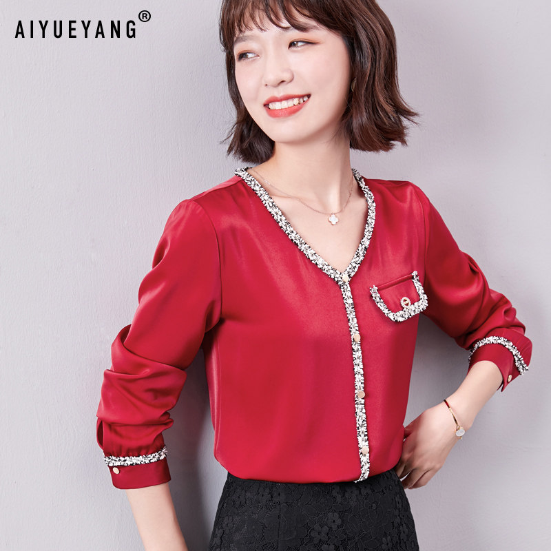 2020年秋装新款小香风醋酸缎面衬衣 艾悦炀蕾丝衫/雪纺衫