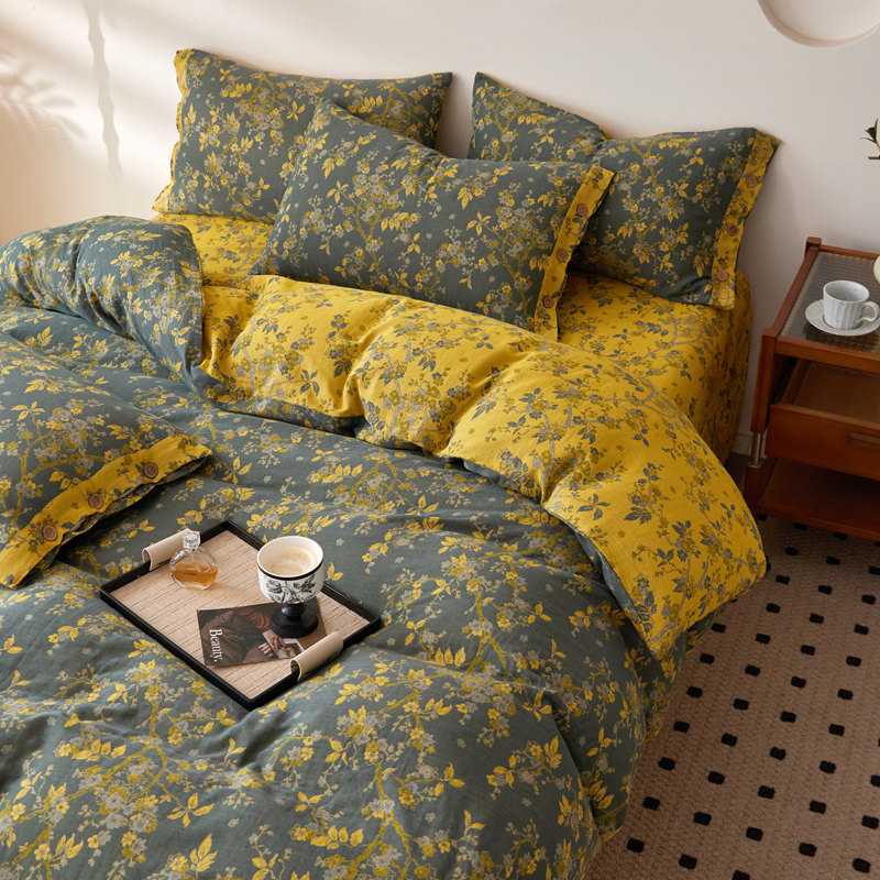 a类全棉双层纱四件套复古色织提花双面纯棉纱布床单被罩床品秋冬