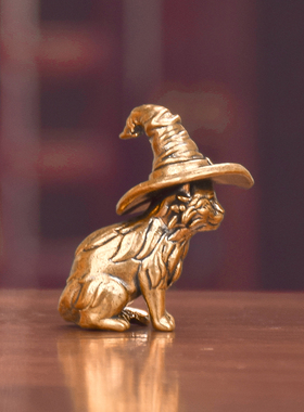 创意纯黄铜复古魔法猫铜器小摆件