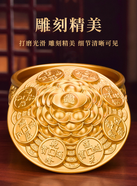 纯黄铜聚宝盆金蟾摆件带盖铜米缸