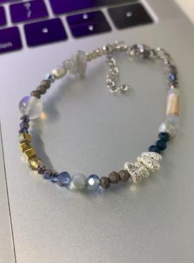 原创DIY.月光石灰拉长石榴石淡水珍珠手工银合金钛钢手链