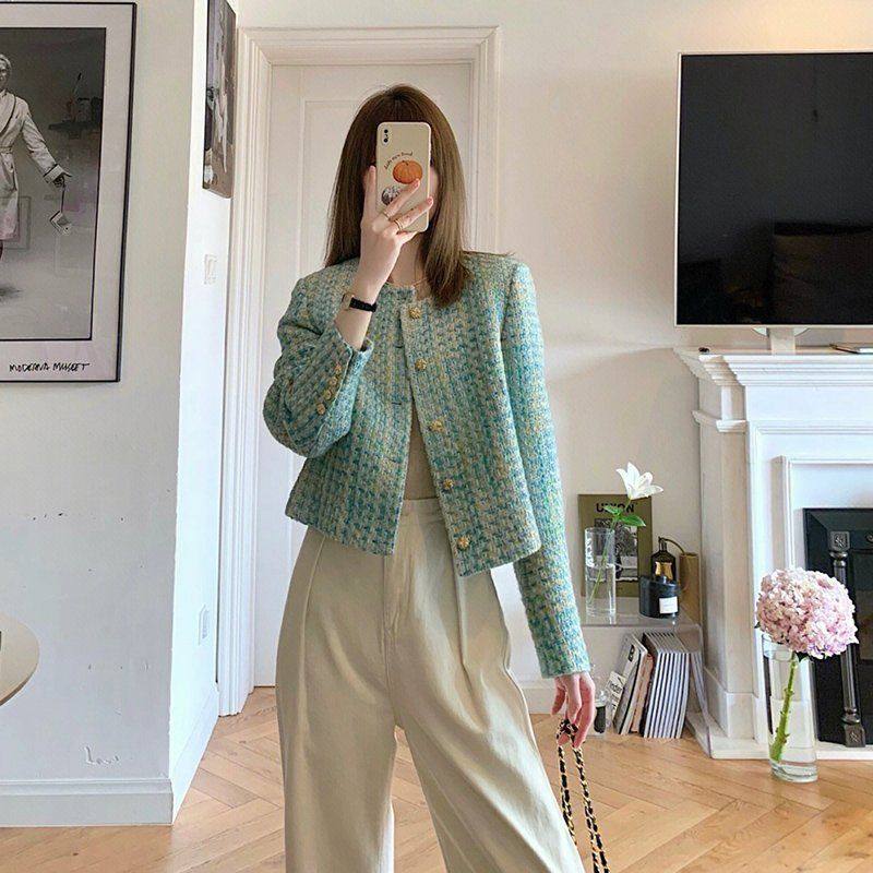 绿色小香风外套女秋冬2026新款法式气质名媛高级感小个子短款上衣,淘宝优惠券,粉丝福利购,淘宝优惠卷