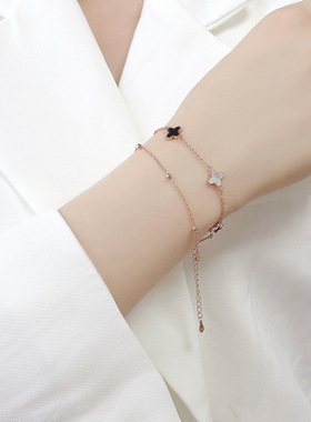【四叶草五花手链】s925纯银女韩版玛瑙手环双层玫瑰金闺蜜手马年