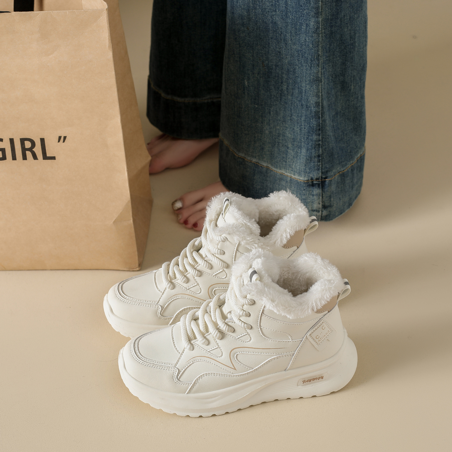 加绒高帮运动鞋女34码2025冬季新款防水防寒大棉鞋加厚保暖老爹鞋 - 图1