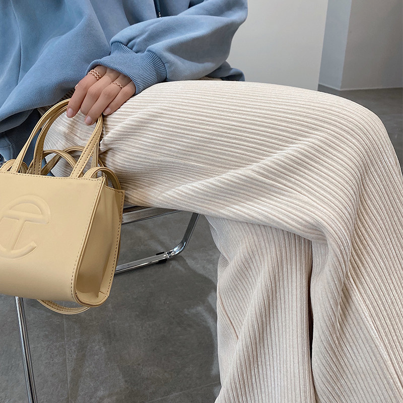 小个子灯芯绒春秋高腰米白色阔腿裤 lulupeach休闲裤