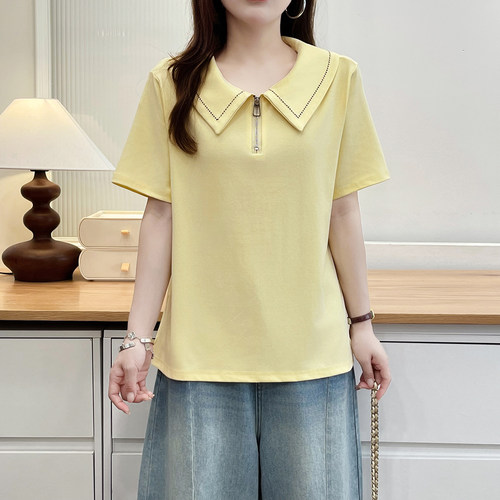 大码POLO领拉链短袖T恤女夏季新款时尚百搭显瘦遮肉胖MM上衣200斤 - 图1