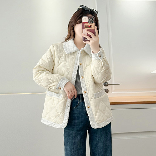 胖mm大码小香风翻领菱格棉服外套女秋冬轻薄款棉衣宽松显瘦200斤 - 图3