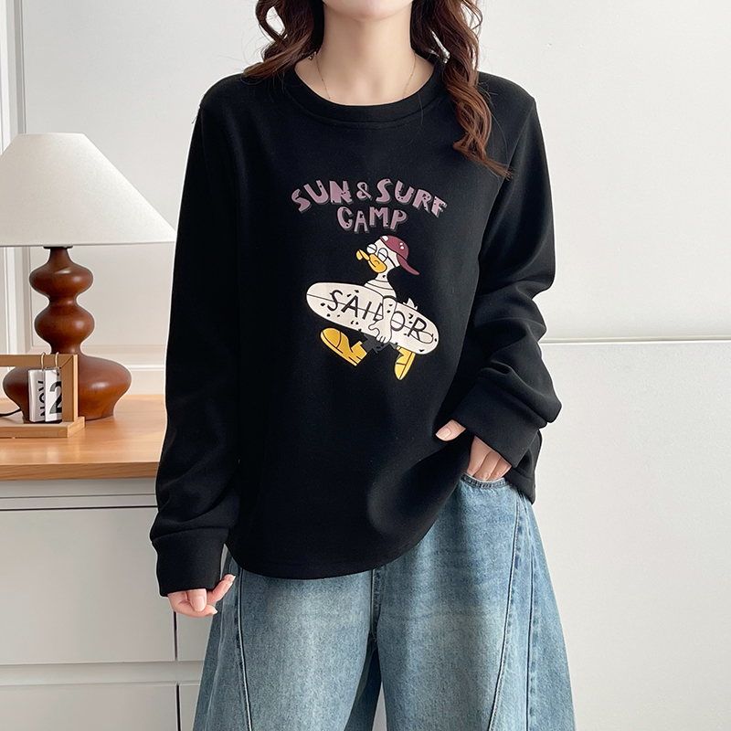 大码女冬装长袖印花洋气加绒宽松显瘦拼色百搭胖mm卫衣圆领打底衫 - 图2