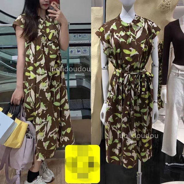 Foreign trade original single women's dress printed round neck loose belt dress women's summer retro sleeveless skirt