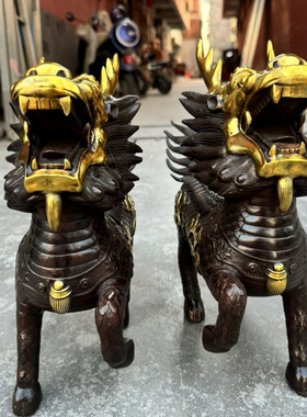 铜麒麟一对火麒麟双角神兽摆件