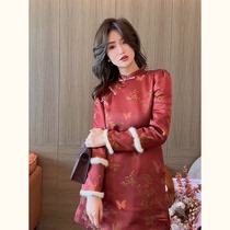 New Chinese style wind womens clothing Christmas wearing a New Years wardrobes disc buckle improved qipao red dress dresses autumn and winter