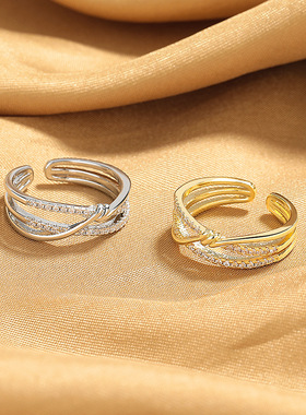 rings women silver S925银双层线条绳结开口戒指女潮ins小众设计