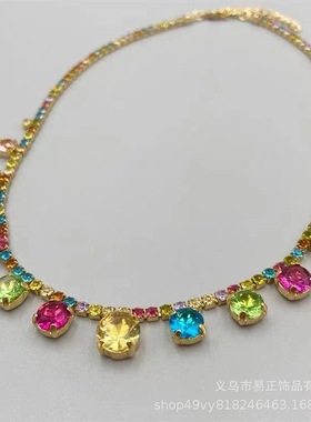 宋妍霏同款法式优雅镶钻彩色石项链个性潮时尚独特小众锁骨链