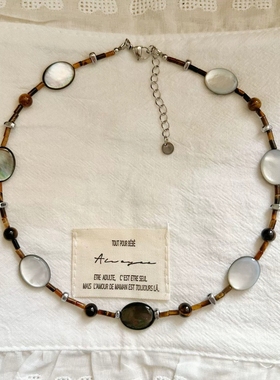 复古美拉德风原创设计天然虎眼石项链锁骨链女小众高级感方糖项链