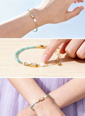 淡水珍珠海水蓝天然石手链天然贝壳竹节手串小众设计水晶钛钢手链