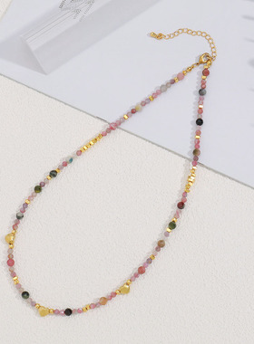 新款多彩天然石锁骨链小众设计高级感时尚百搭碧玺石项链生日礼物