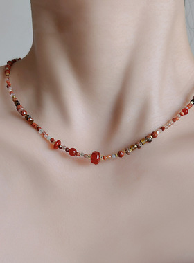 chouchou项链女安哥拉红玛瑙串珠饰品原创小众复古百搭锁骨链显白