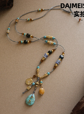 复古民族风流苏松石串珠长款项链女轻奢小众高级感手工编绳毛衣链