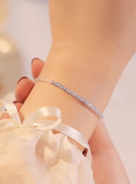 极细小方糖天然海蓝宝项链女渐变蓝色串珠水晶锁骨链手链高级感