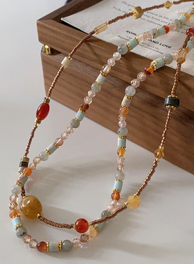 敦煌天然石项链中古串珠玛瑙新中式复古锁骨链女高级感轻奢毛衣链