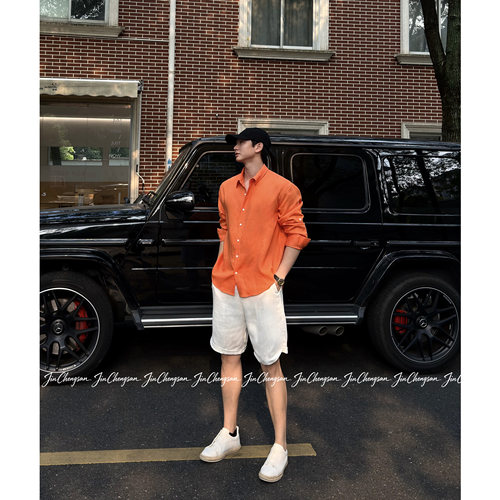 GGG金乘三 夏季松弛感老钱风休闲宽松男士亚麻衬衫套装 - 图0