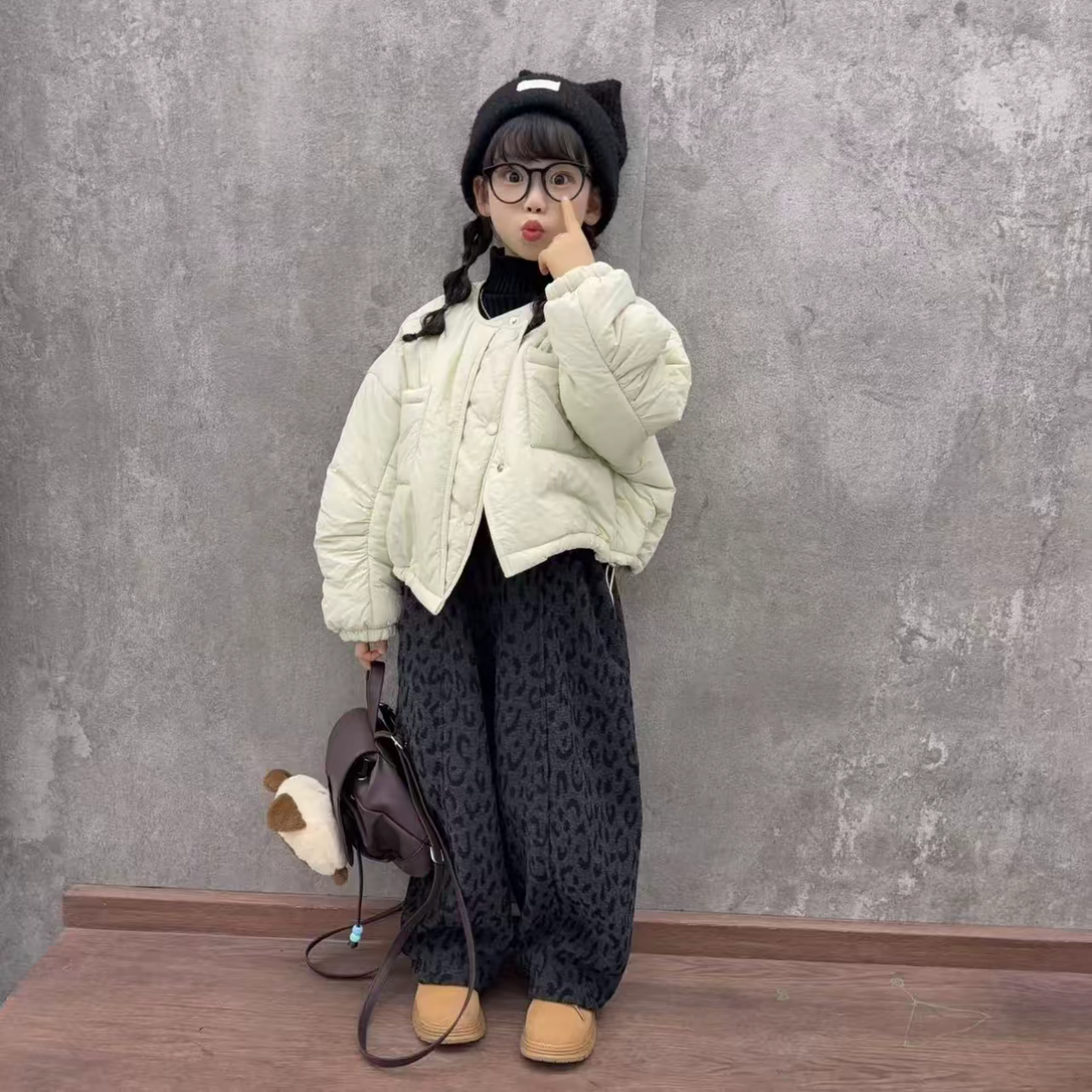 潮酷女童韩范短款圆领面包棉服外套加绒豹纹裤时尚百搭超洋气套装,淘宝优惠券,粉丝福利购,淘宝优惠卷