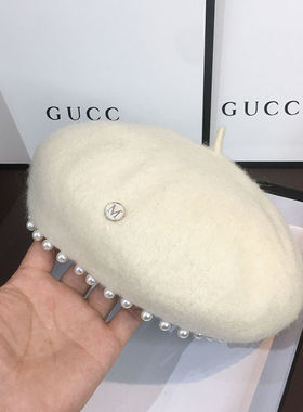 复古羊毛呢珍珠八角帽